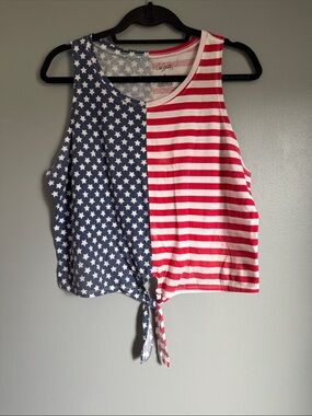 Patriotic American Flag Crop Tank Top Sleeveless Stars & Stripes Tie-Front XL